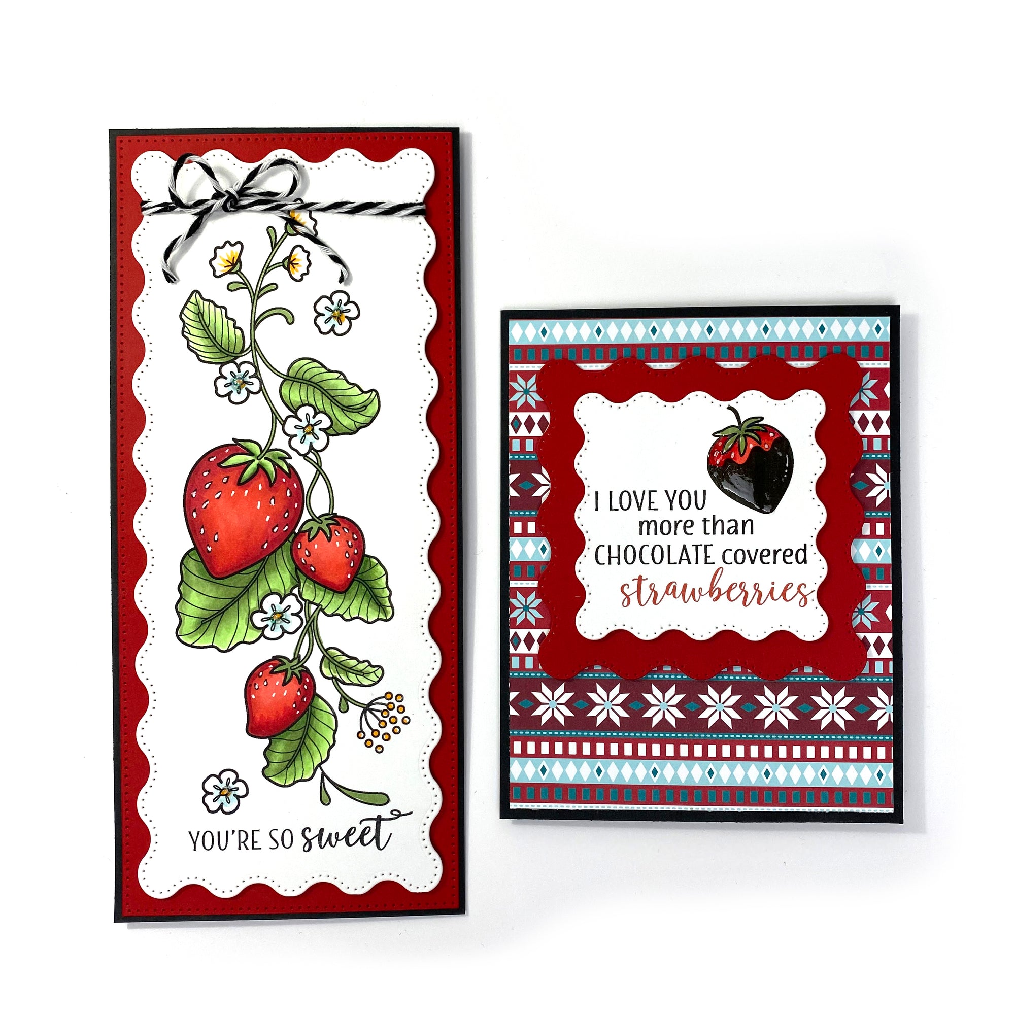 Two handmade card samples using the stamp and die, "Strawberry Vine" from Dare 2B Artzy.