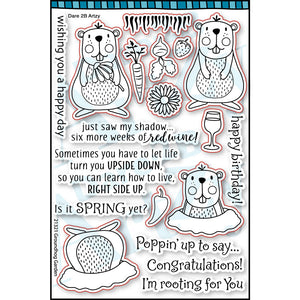 Clear stamp set used to create spring cards.  Images include three adorable groundhogs and various vegetables. Sentiments include, "Is it spring yet?" and "wishing you a happy day".  Coordinates with the die, "Groundhog Garden" from Dare 2B Artzy.  