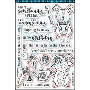 Clear stamp set to make spring cards.  Images include two adorable bunnies that are gardening, flowers and a carrot.  Sentiments include,"You're somebunny special" and "Plant a garden, feed a bunny".  Coordinates with the die, "Honey Bunny" from Dare 2B Artzy.
