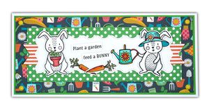 Homemade card using the stamp set and die, "Honey Bunny" from Dare 2B Artzy.  The card has an image of two adorable bunnies gardening and the sentiment, "Plant a garden, feed a bunny".