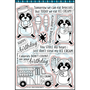 Clear stamp set with three different raccoons holding ice cream and an ice cream truck.  Sentiments include, "Calories don't count on your birthday" and You stole my heart just don't steal my ice cream". Coordinates with the die, "Raccoon Party" from Dare 2B Artzy.