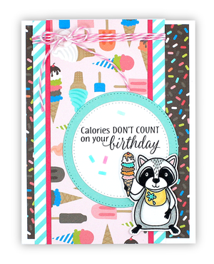 Handmade card using the stamp and die, "Raccoon Party" from Dare 2B Artzy.  Image of a raccoon holding an ice cream cone and the sentiment, "Calories don't count on your birthday".