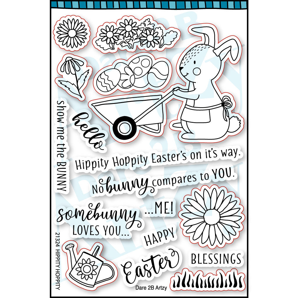 Clear stamp set with an image of a bunny pushing a wheelbarrow, easter eggs, and flowers for spring. Sentiments include, "Hippity hoppity Easter's on its way" and "No bunny compares to you". Coordinates with the die, "Hippity Hoppity" from Dare 2B Artzy.