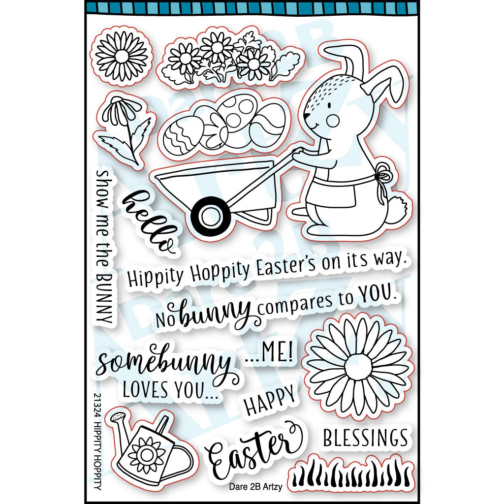 Clear stamp set with an image of a bunny pushing a wheelbarrow, easter eggs, and flowers for spring.  Sentiments include, "Hippity hoppity Easter's on its way" and "No bunny compares to you".  Coordinates with the die, "Hippity Hoppity" from Dare 2B Artzy.