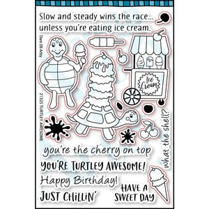 Clear stamp set with fun summer images of a turtle holding an ice cream cone and a turtle with scoops of ice cream on their back.  Other images of ice cream and an ice cream cart are perfect for a summer card.  Sentiments include, "You're the cherry on top" and You're turtley awesome".  Coordinates with the die, Turtley Awesome" from Dare 2B Artzy.