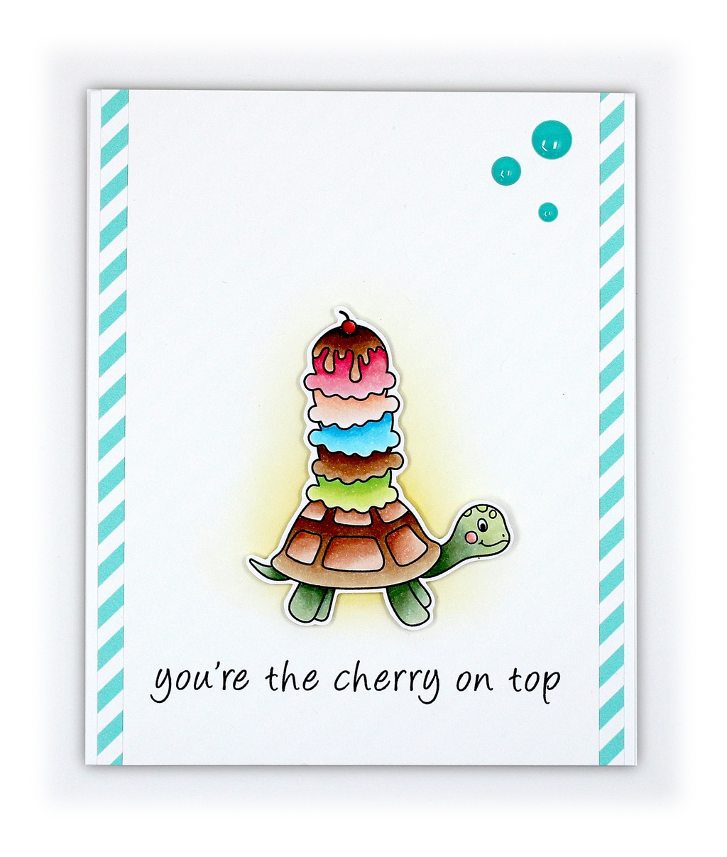 Homemade card using the stamp set and die, "Turtley Awesome" from Dare 2B Artzy. Image of a turtle with scoops of ice cream on it's back and the sentiment, "You're the cherry on top".