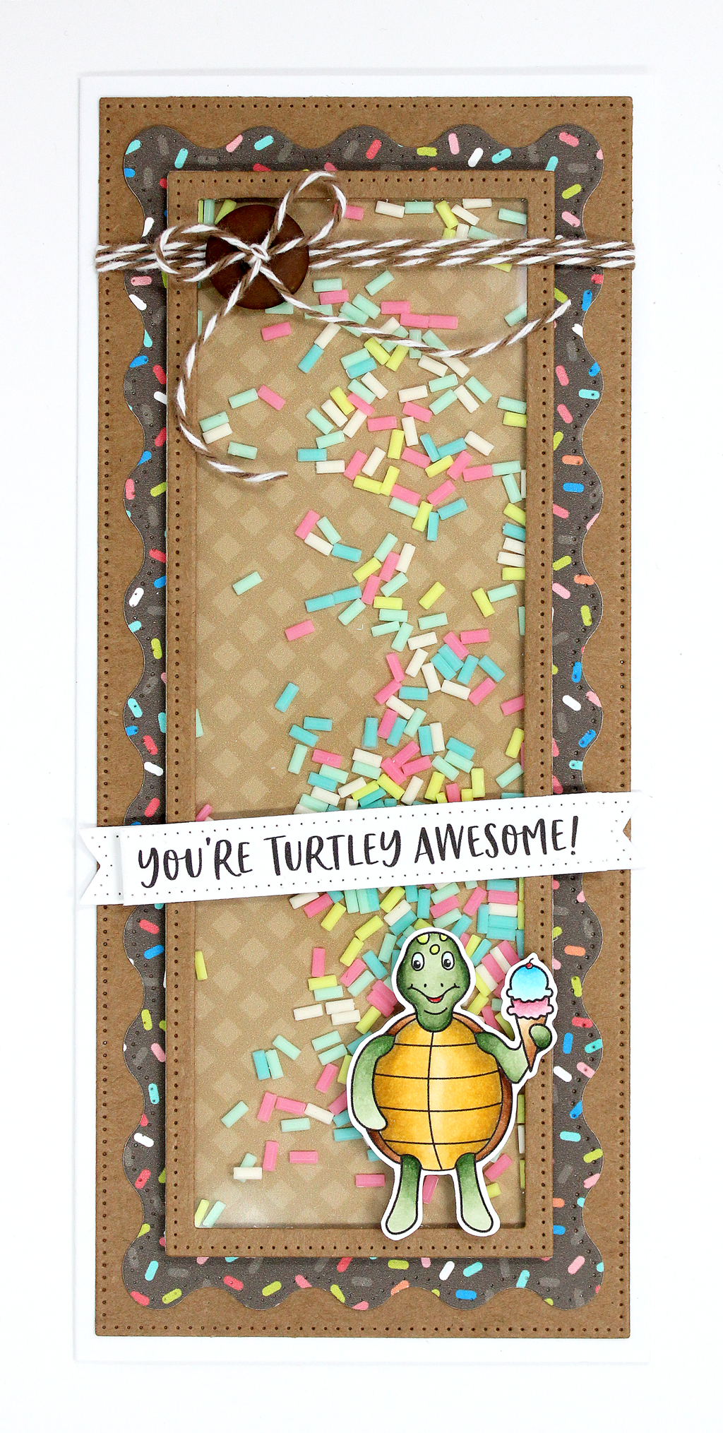 Homemade card using the stamp set and die, "Turtley Awesome" from Dare 2B Artzy. Image of a turtle holding an ice cream cone and the sentiment, "You're Turtley Awesome".