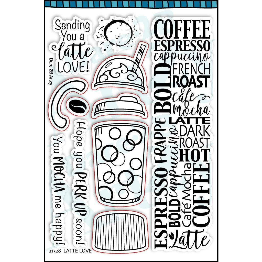 Clear stamp set with an image of a cup with two different lids and coffee beans. Sentiments include, "Hope you perk up soon" and "Sending you a latte love". Coordinates with the die, "Frappe & Donut" from Dare 2B Artzy.