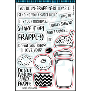 Clear stamp set with an image of a cup with two different lids and a donut. Sentiments include, "Donut worry by frappe" and "Shake it up!". Coordinates with the die, "Frappe & Donut" from Dare 2B Artzy.