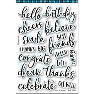 Clear stamp with words for sending greeting cards.  words include, "hello", "birthday", and "congrats".  Coordinates with the die "A Single Greeting" from Dare 2B Artzy.
