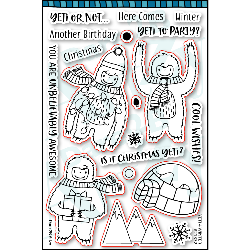 Clear stamp set with three adorable yetis holding Christmas presents and lights.  Sentiments also include, "You are unbelievably awesome" and "Is it Christmas yet?". Coordinates with the die, "Yeti 4 Winter" from Dare 2B Artzy.