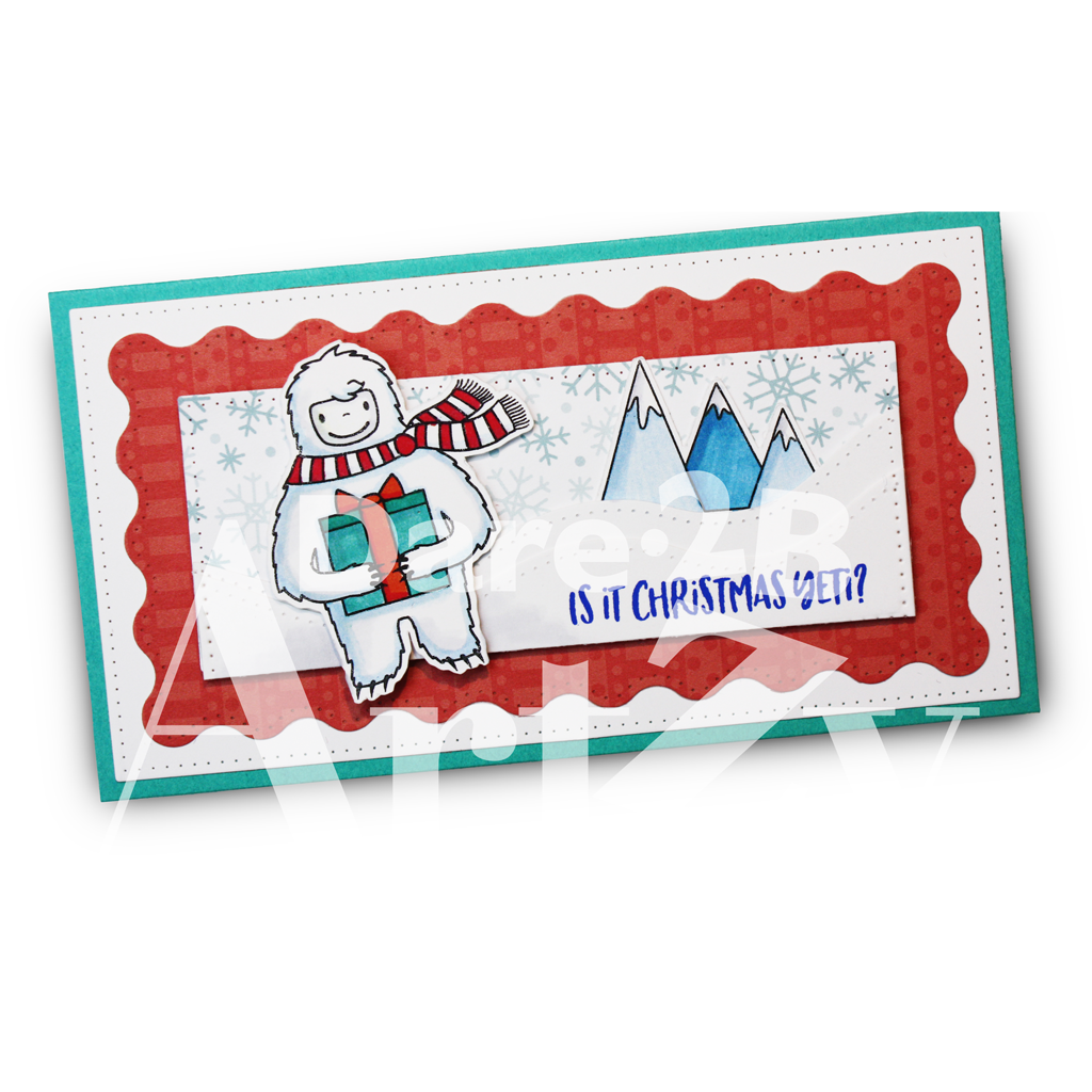 Handmade card using the stamp set and die, "Yet 4 Winter" from Dare 2B Artzy.  Card includes a yeti wearing a scarf and holding a present with the sentiment, "It is Christmas Yeti?".