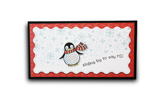 Handmade winter card with a penguin in the snow with the sentiment, "Sliding by to say hi". Uses the stamp set and die, "Penguin Plunge" from Dare 2B Artzy.