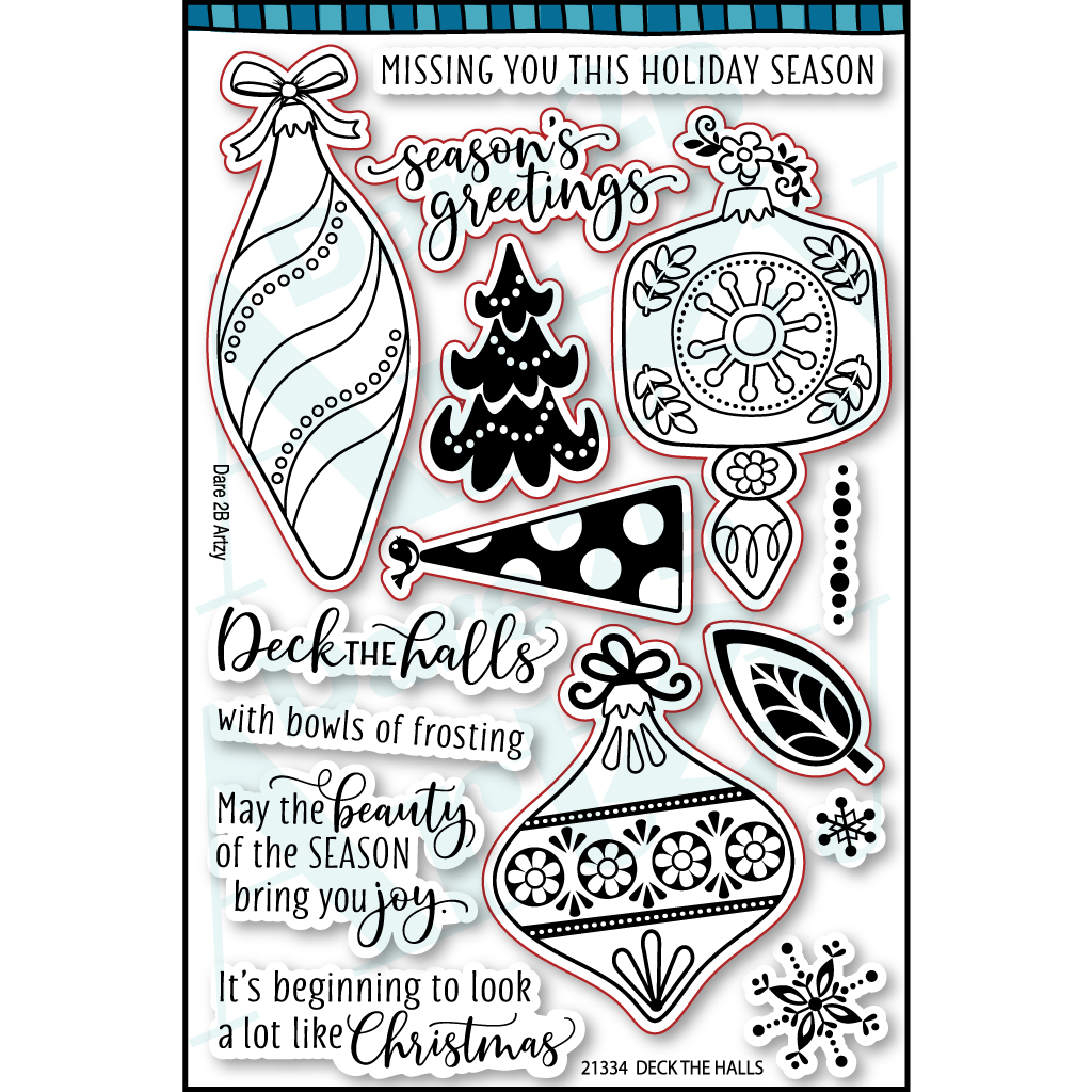 Deck the Halls clear stamp set with three different ornaments and the sentiments, "May the beauty of the season bring you joy".
