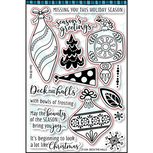 Deck the Halls clear stamp set with three different ornaments and the sentiments, "May the beauty of the season bring you joy".