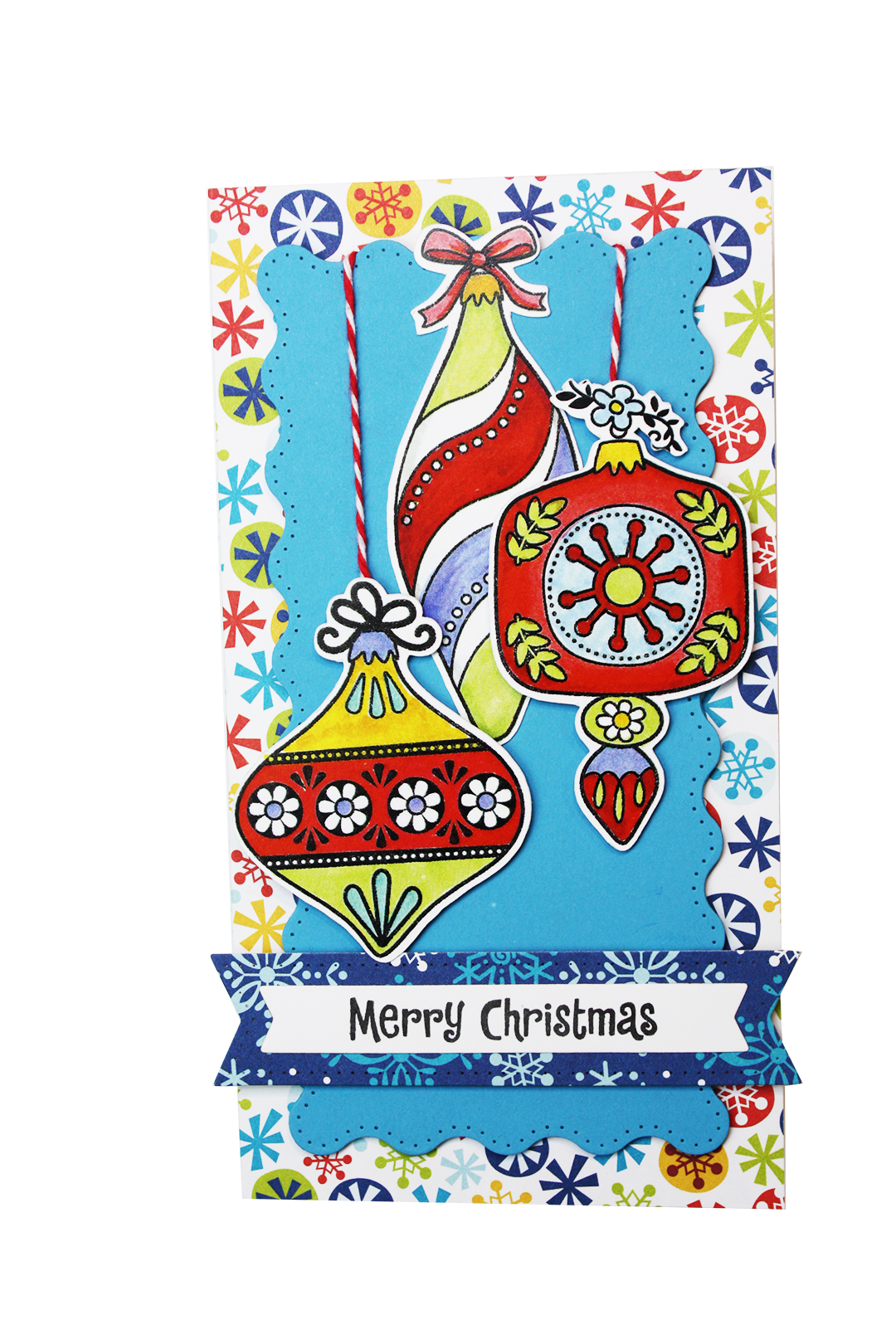 Handmade card using the stamp set and die cut, "Deck the Halls" from Dare 2B Artzy. Three fun ornaments with the sentiment, "Merry Christmas".