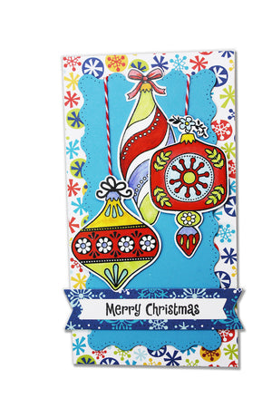 Handmade card using the stamp set and die cut, "Deck the Halls" from Dare 2B Artzy.  Three fun ornaments with the sentiment, "Merry Christmas".