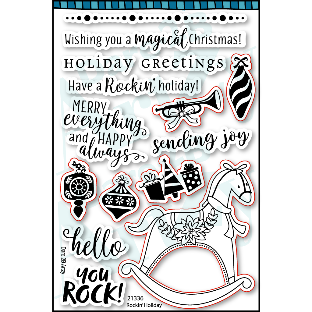 Rockin' Holiday clear stamp set with a holiday theme with images of a rocking horse, ornaments and presents.  Sentiments include, "Wishing you a magical Christmas" and "Have a rockin' holiday".  Coordinates with the die, "Rockin' Holiday" from Dare 2B Artzy.