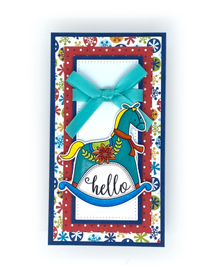 Handmade card using the stamp set and die, "Rockin' Holiday". Image of a rocking horse and the sentiment "hello" to send a holiday greeting card.