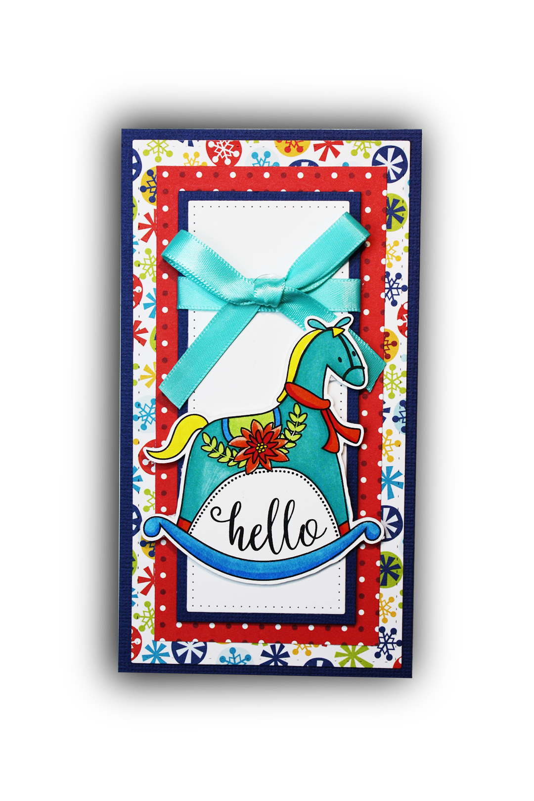 Handmade card using the stamp set and die, "Rockin' Holiday".  Image of a rocking horse and the sentiment "hello" to send a holiday greeting card.