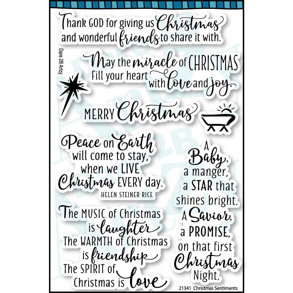 Christmas Sentiment clear stamp set used for card making and scrapbooking.  This stamp set includes sentiments for the Holidays such as, "May the miracle of Christmas fill your heat with love and joy".