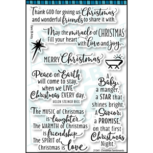 Christmas Sentiment clear stamp set used for card making and scrapbooking.  This stamp set includes sentiments for the Holidays such as, "May the miracle of Christmas fill your heat with love and joy".