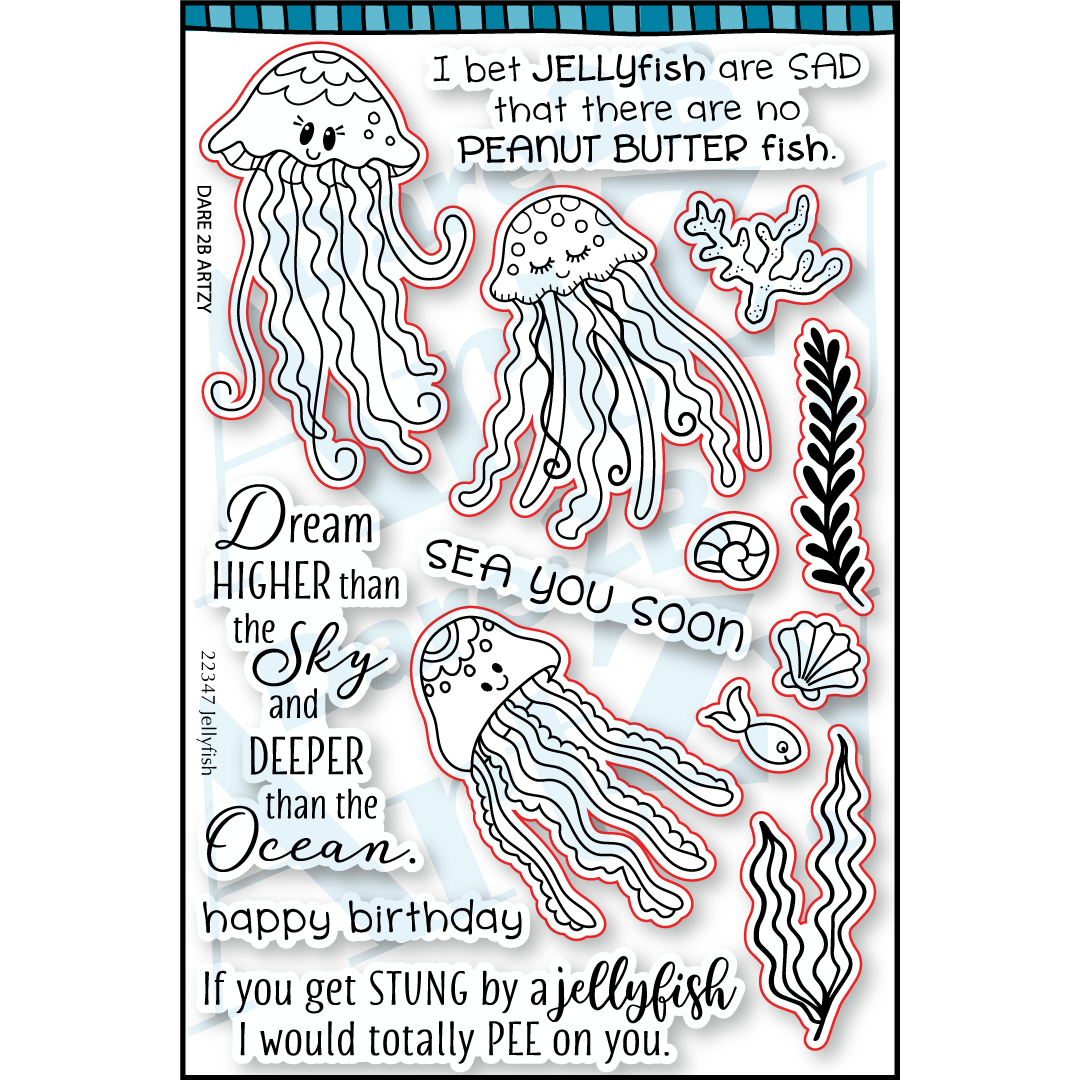 I don't think you're ready for this jelly! Make waves for this Jelly Fish stamp set that includes 14 fun stamps featuring nautical sentiments and under water accents.