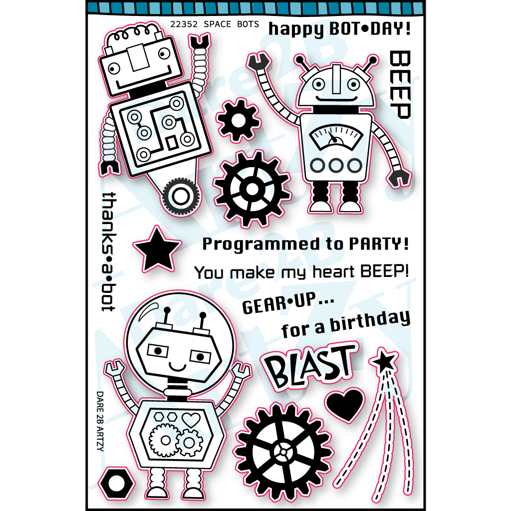 Space Bots clear stamp set is a fun set with three robots and gears to send fun birthday cards.  Stamp set from Dare 2B Artzy.