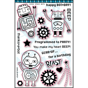 Space Bots clear stamp set is a fun set with three robots and gears to send fun birthday cards.  Stamp set from Dare 2B Artzy.