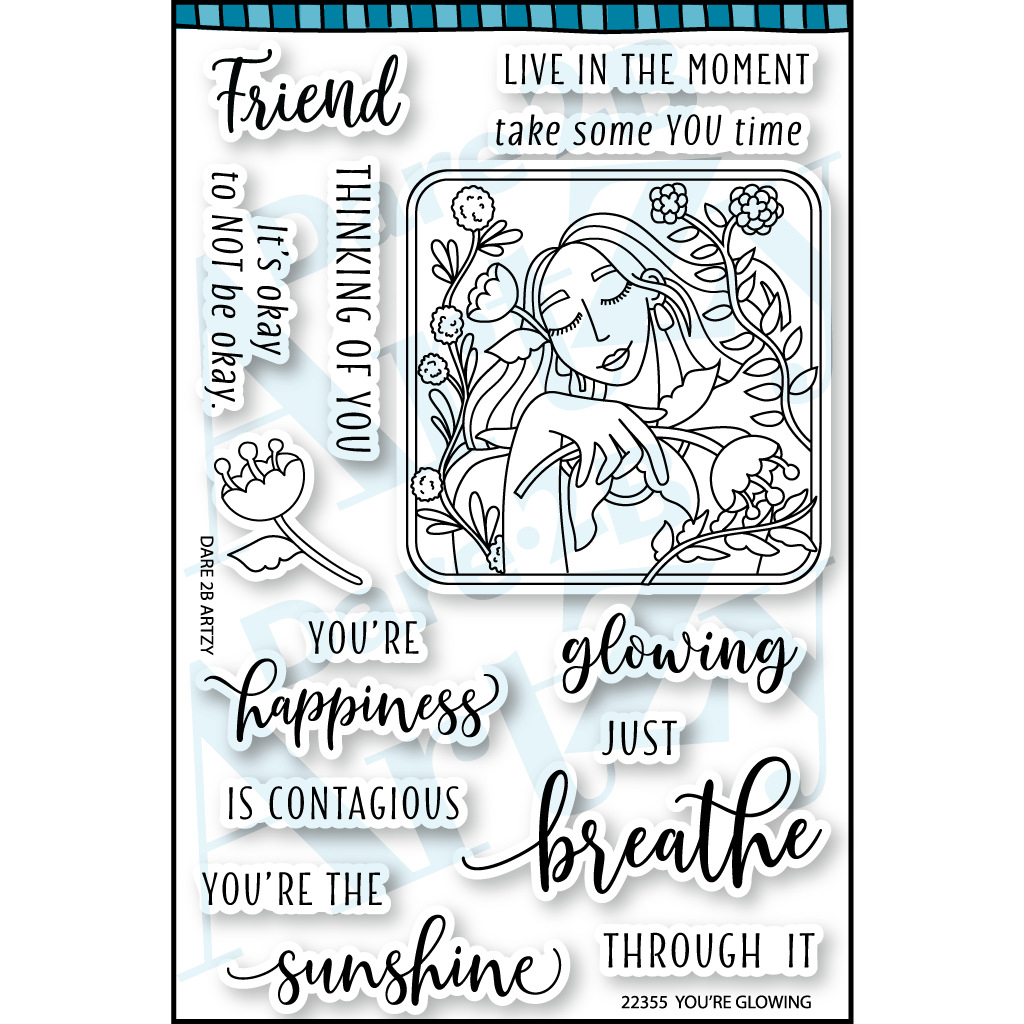 Clear stamp set for car making with an image of a girl holding a flower with the sentiments, "You're glowing" and "It's okay to not be okay".  This stamp set coordinates from the die, "Square Framelits" from Dare 2B Artzy.
