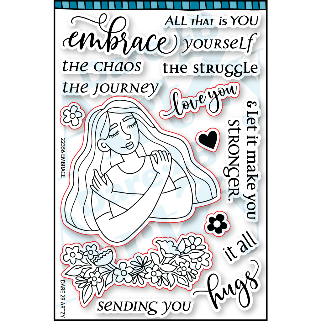 Embrace clear stamp is used to send uplifting cards about embracing yourself as you are.  Stamp set includes a beautiful image of a women giving herself a hug with sentiments to  encourage  a friend or family.