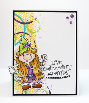 Handmade card with a crafting gnome and the sentiment "Love crafting with my gnomies".  Stamp set used, "Crafting Gnome" from Dare 2B Artzy.