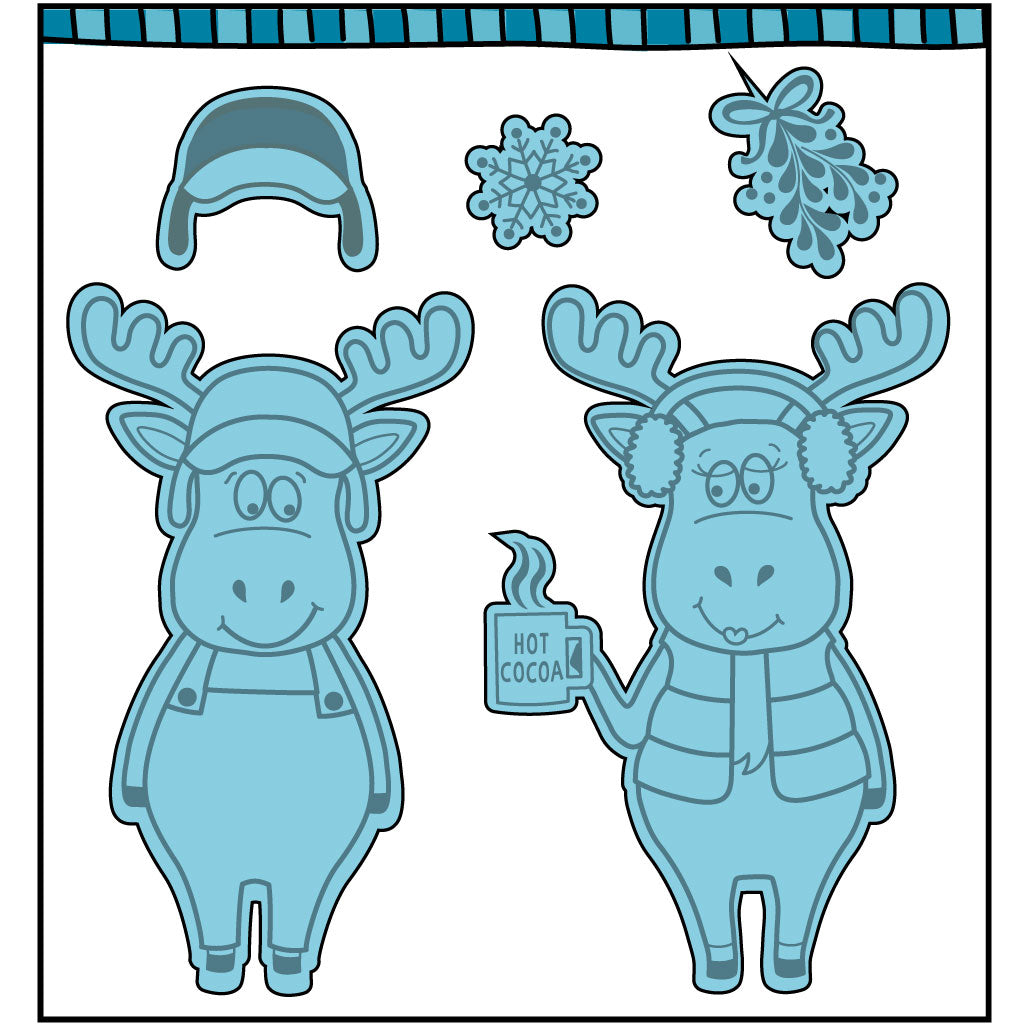 Steel die cut from card making with two moose, a snowflake, and a cozy hat to put on the moose. Coordinates with the stamp set, "Christmoose" from Dare 2B Artzy.