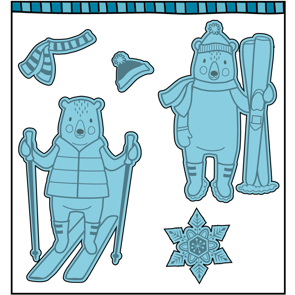 Steel die cut to make handmade cards with two skiing bears with a snowflake and winter hat. Coordinates with the stamp set, "Skisons Greetings" from Dare 2B Artzy.