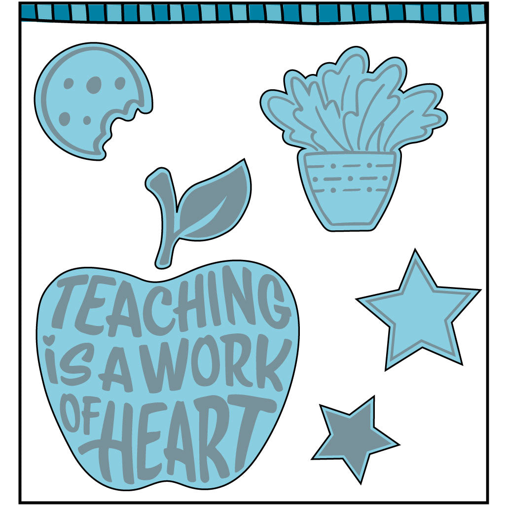 Steel die cut used for card making with an image of an apple, cookie, and a plant. Coordinates with the stamp set, "Heart of a Teacher" from Dare 2B Artzy.
