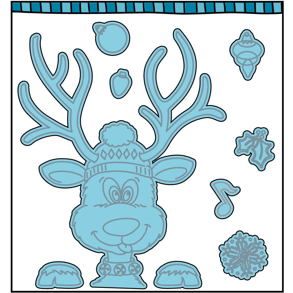 Steel die cut with a sill reindeer with ornaments that you can add to the antlers on the reindeer. Coordinates with the stamp set, "Reindeer Games" from Dare 2B Artzy.