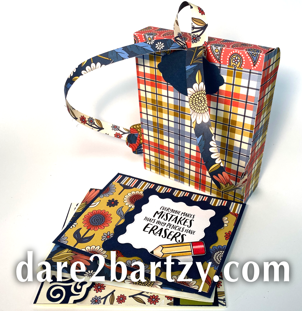 Sample of a paper backpack using the die, "Backpack" from Dare 2B Artzy.  Backpack fits handmade A2 size cards.