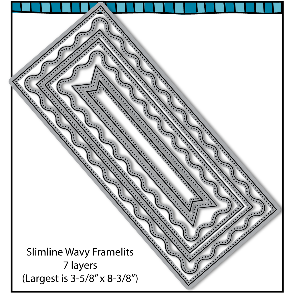 Steel die used to cut paper for card making.  Die includes 7 unique frames including wavy frames, dot frames and square frames.  