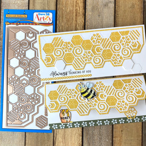 Steel die used to cut paper for card making.  Die includes a hexagonal pattern that resembles a honeycomb along with a boarder cut out.  Two handmade sample cards using the die, "Slimline Honeycomb" from Dare 2B Artzy. 