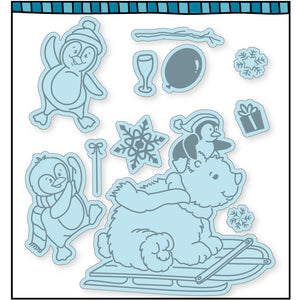Steel die cut with a polar bear on a sled with two adorable penguins. Coordinates with the stamp set, "Just Chillin'" from Dare 2B Artzy.