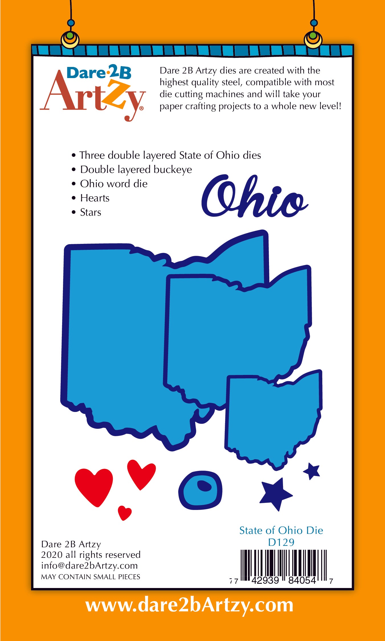 Steel die used to cut paper for card making.  Die includes three double layered State of Ohio, a buckeye, and the word Ohio.