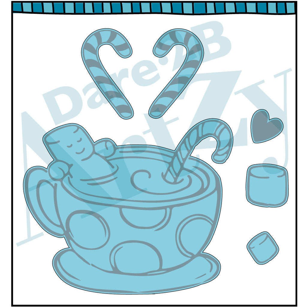Steel die used for card making with a mug of hot chocolate and a little marshmallow man sitting in the mug.  The die also cuts out two candy canes and two different sized marshmallows.  Coordinates with the stamp set, "Crazy 4 Cocoa" from Dare 2B Artzy.