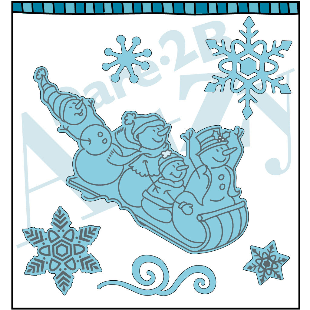 Steel die to cut images for card making with a snowman Family on sled and varies snowflakes.  Coordinates with the stamp set, "Toboggan Fun" from Dare 2B Artzy.