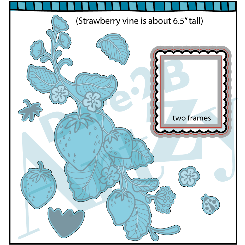 Steel die used to cut images for card making.  Large strawberry vine with two different sized frames and flowers.  Coordinates with the stamp set, "Strawberry Vine" from Dare 2B Artzy.