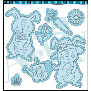 Steel die to cut images for card making.  Two adorable bunnies that are gardening.  Other dies include a flower, carrot and a water pitcher.  Coordinates with the stamp set, "Honey Bunny" from Dare 2B Artzy.