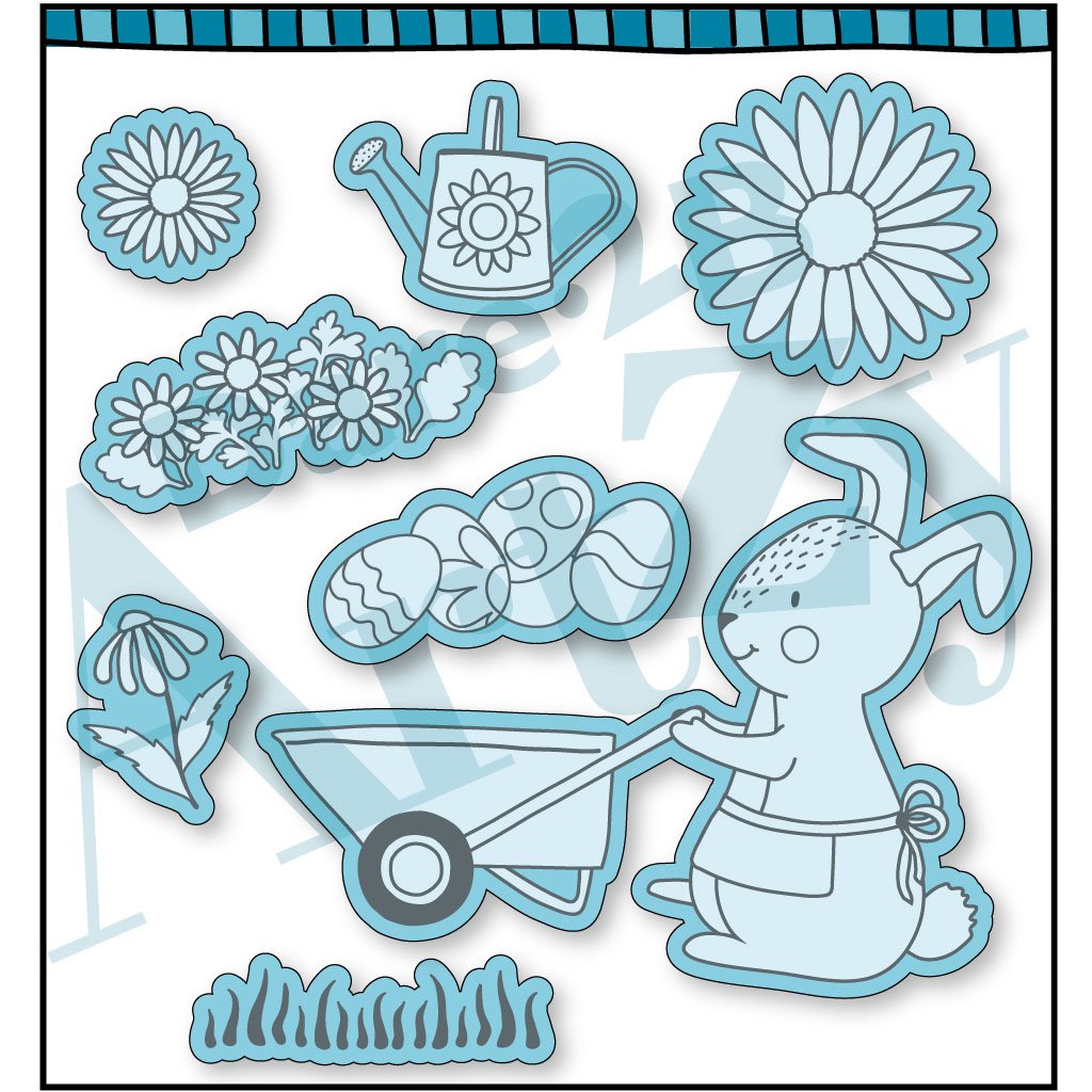 Steel die used to cut images for card making.  Dies include a bunny pushing a wheelbarrow, eggs, and various shaped flowers.  Coordinates with the stamp set, "Hippity Hoppity" from Dare 2B Artzy.