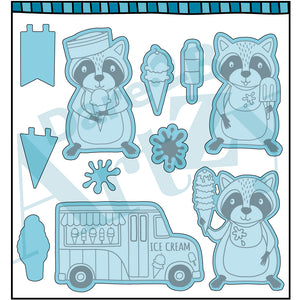 Steel die used to cut images for card making.  Three different raccoons holding ice cream and an ice cream truck.  Coordinates with the stamp set, "Raccoon Party" from Dare 2B Artzy.