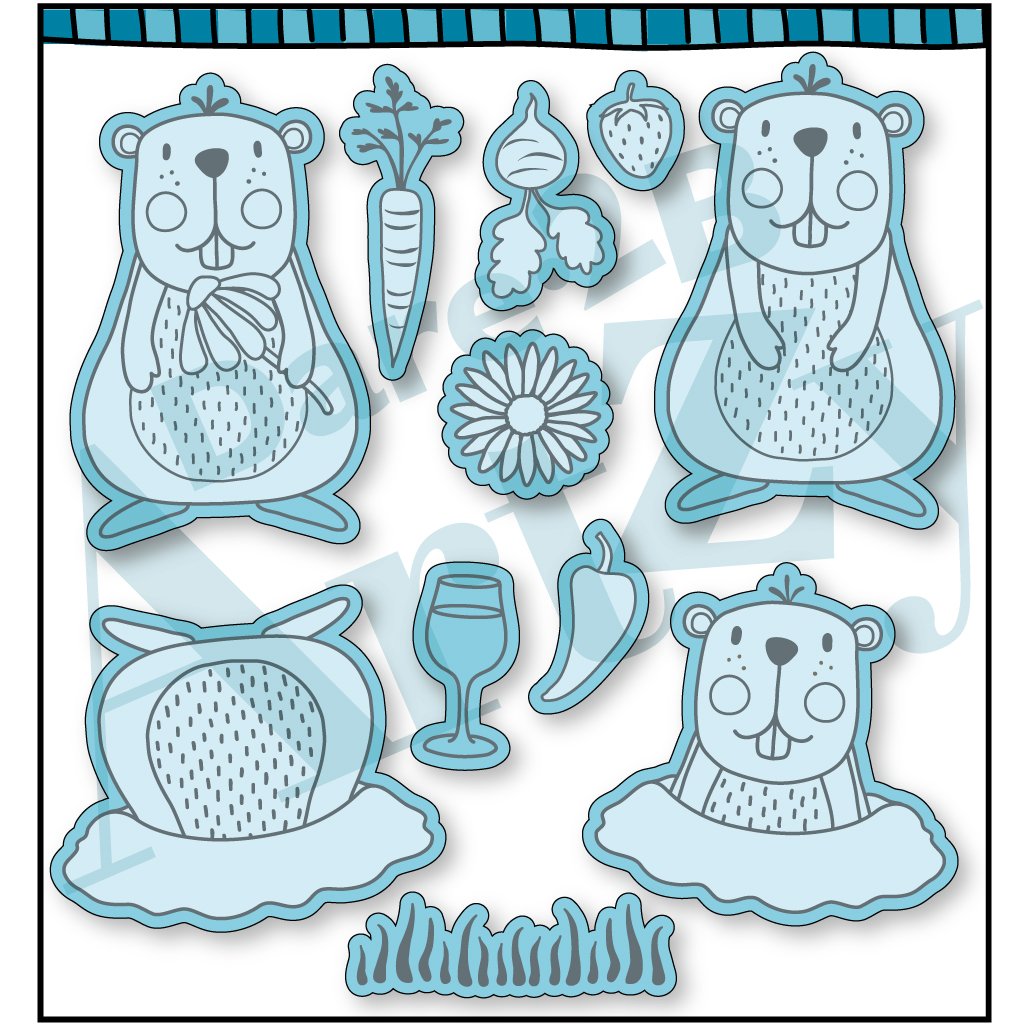 Steel die used to cut images for card making.  Dies include, three adorable groundhogs above ground and one groundhog that is going in to a tunnel.  Other images include a flower, carrot, beet and a strawberry.  Coordinates with the stamp set, "Groundhog Garden" from Dare 2B Artzy.