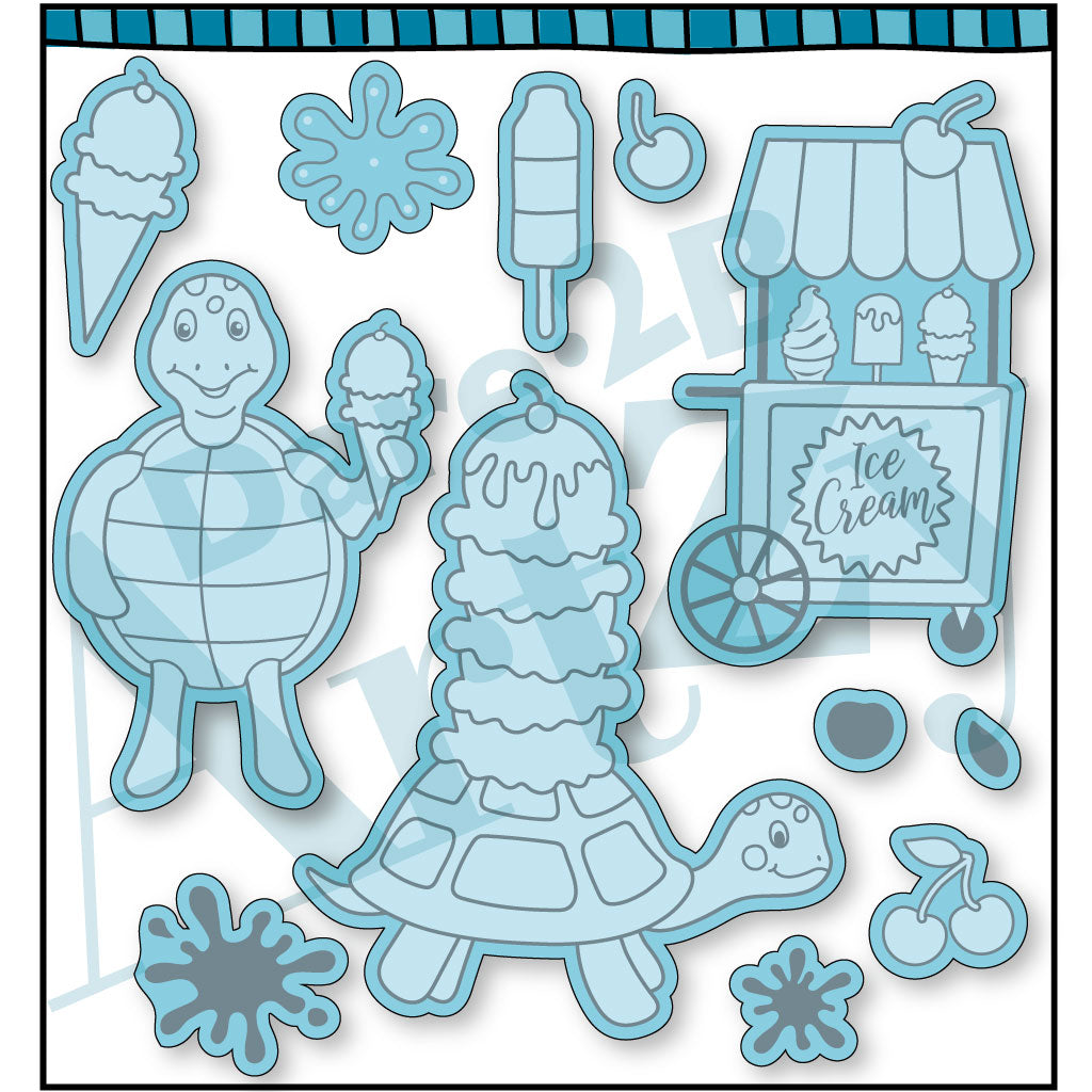 Steel die used to cut images for card making.  Die includes two different turtles holding ice cream and an ice cream cart.  More images of ice cream and cherries included.  Coordinates with the stamp set, "Turtley Awesome" from Dare 2B Artzy.