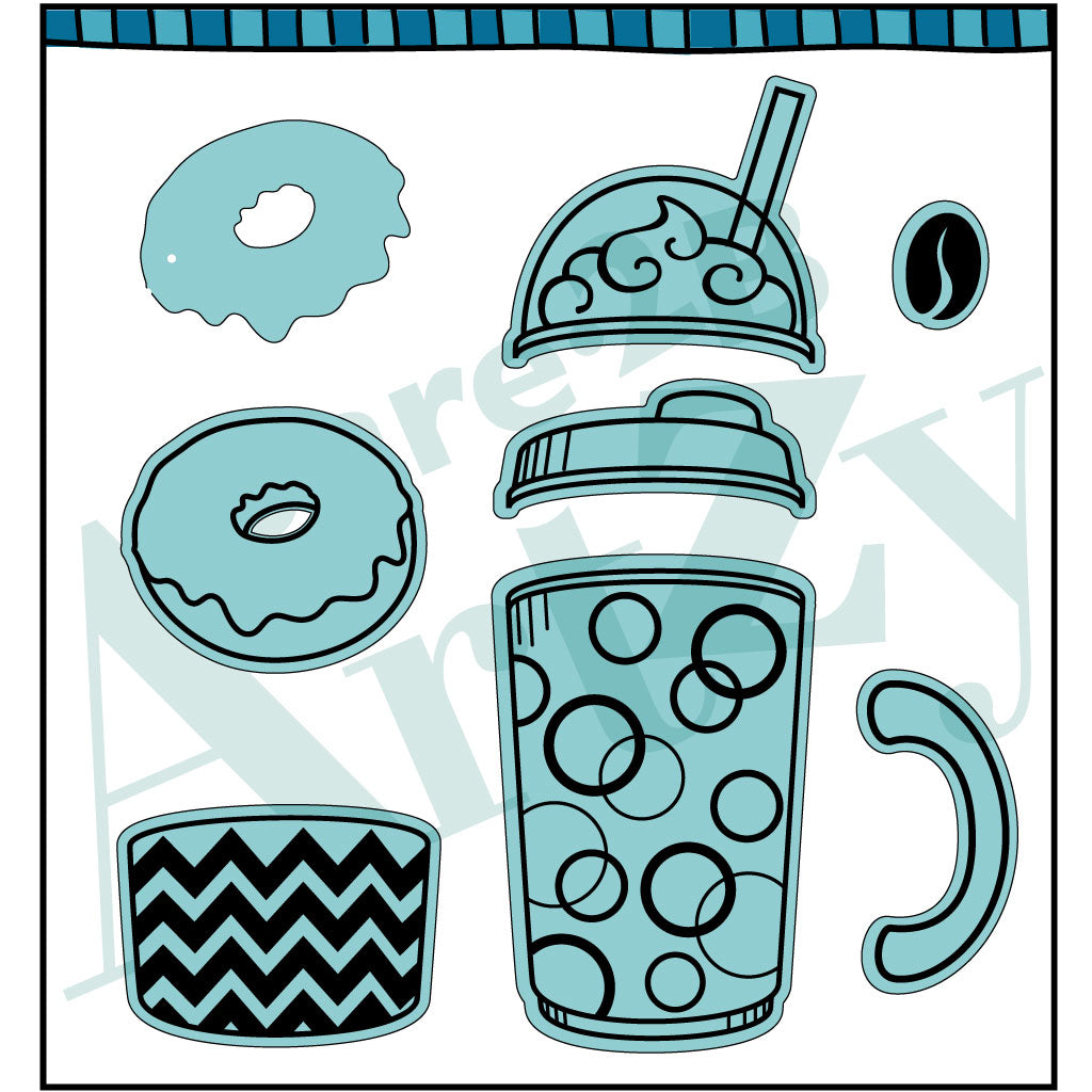 Steel die used to cut images from card making.  Die includes a cup that you can add different lids and a handle on.  Also includes a donut and coffee bean.  Coordinates with the stamp set, "Latte Love" and "Be Frappe" from Dare 2B Artzy.